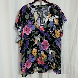 Rachel Roy 3X 22/24 Black Floral Flutter Sleeve Challis Tunic Top Blouse